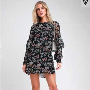 Black Floral Tiered Flounce Sleeve Mini Dress